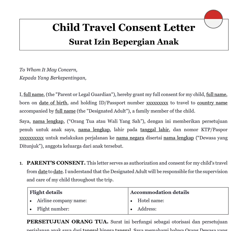 Child travel consent letter Indonesia