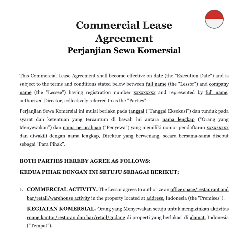 Commercial lease agreement Indonesia