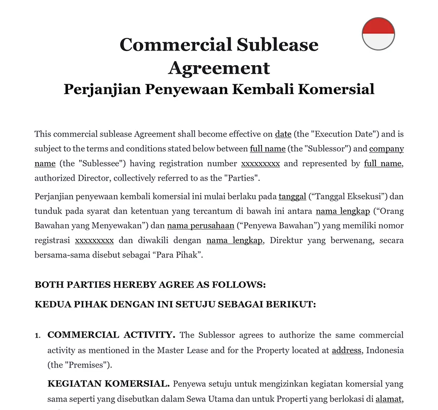 Commercial sublease agreement Indonesia