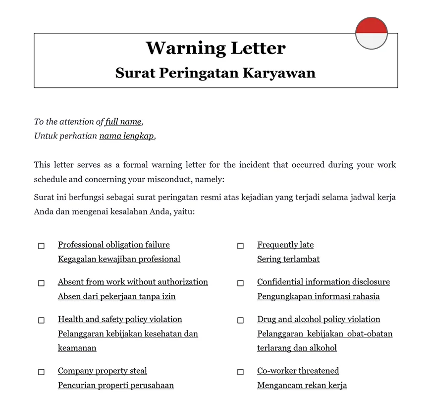 Employee warning letter Indonesia