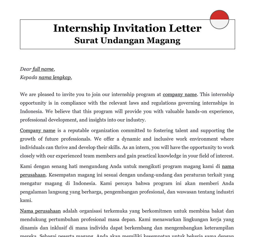 Internship invitation letter Indonesia