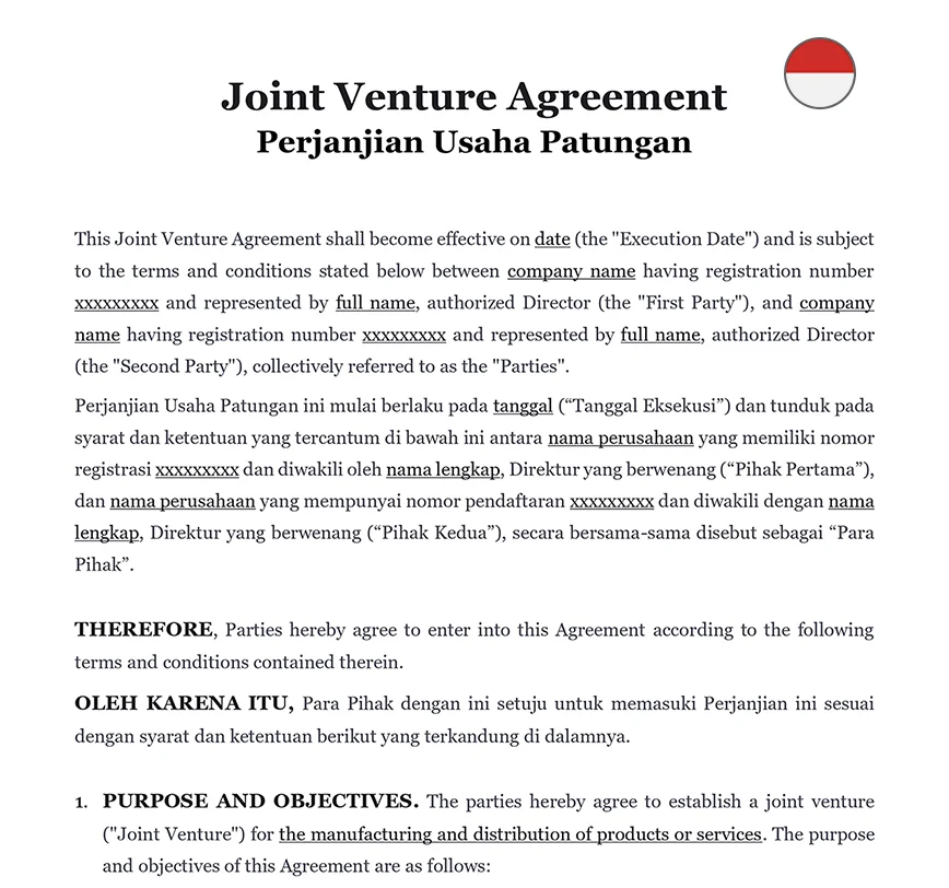 Joint venture agreement Indonesia