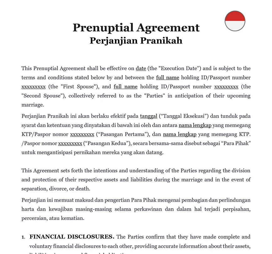 Prenuptial agreement Indonesia