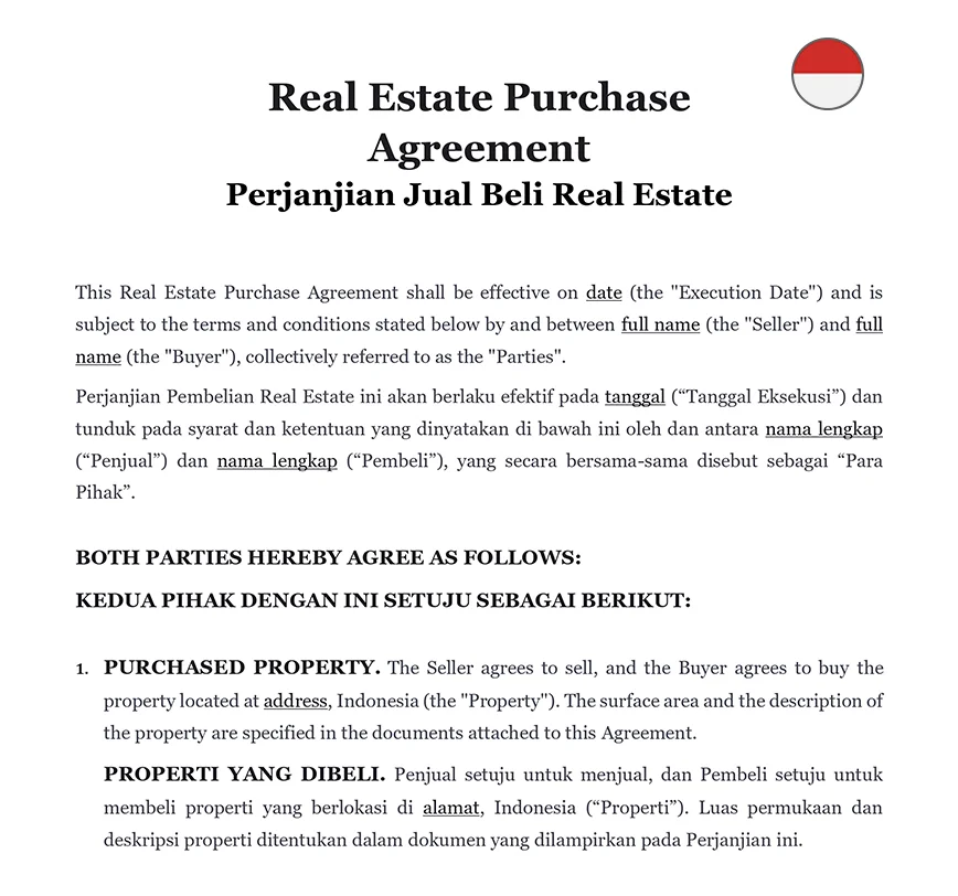 Real estate purchase agreement Indonesia