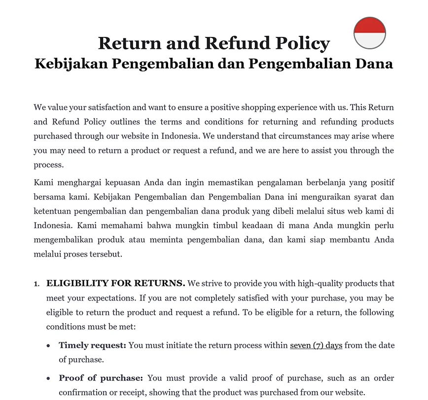 Return and refund policy Indonesia