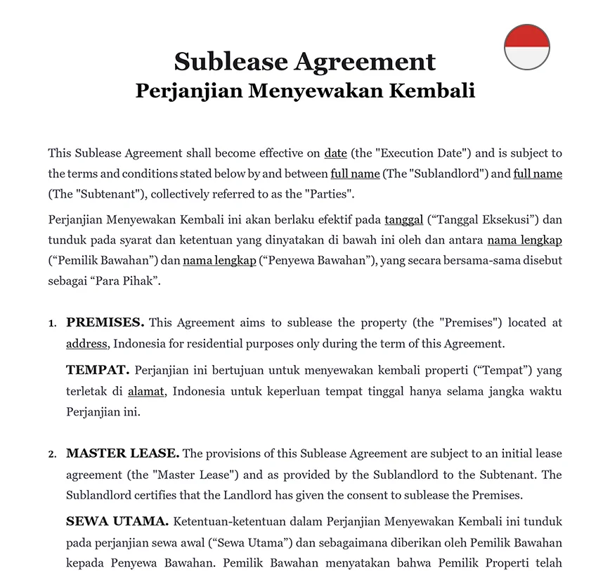 Sublease agreement Indonesia