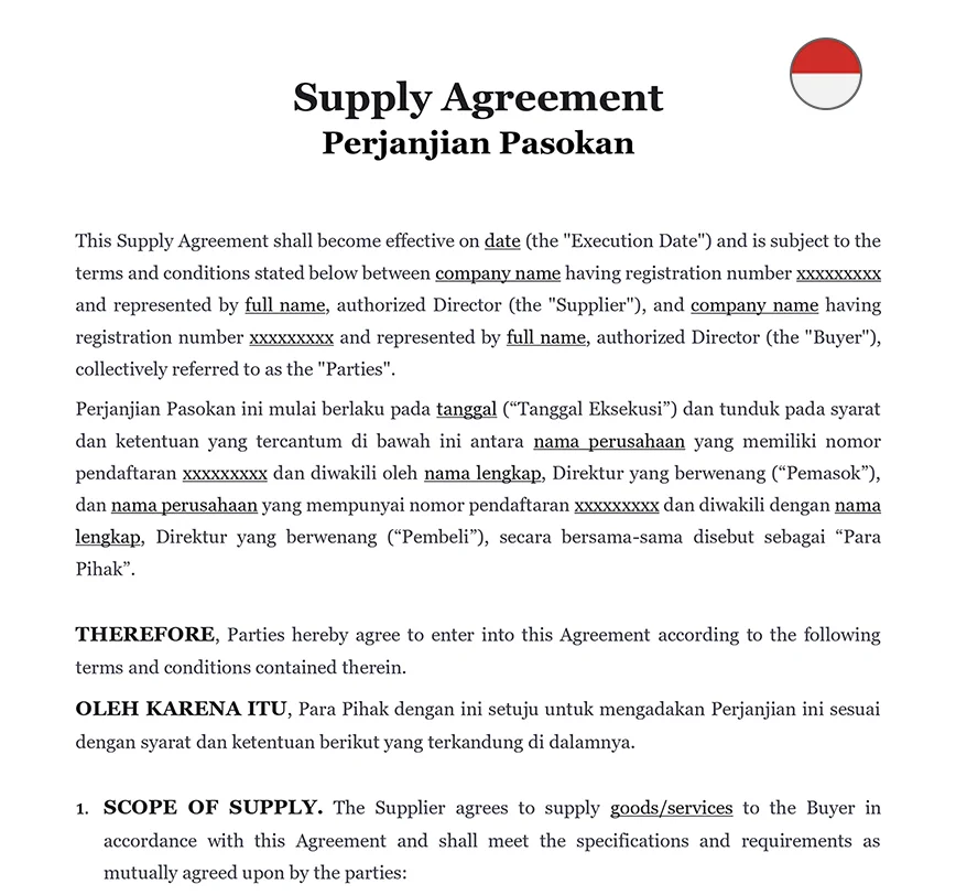 Supply agreement Indonesia